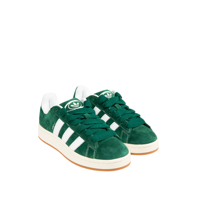 Image 2 of 5 - GREEN - Adidas Campus 00's shoes in an iconic silhouette updated in modern materials, colors and proportions. Featiring a premium leather upper lined with soft textile terry fabric, off-white midsole, rubber outsole and lace closure. Unisex style in men's sizes. 