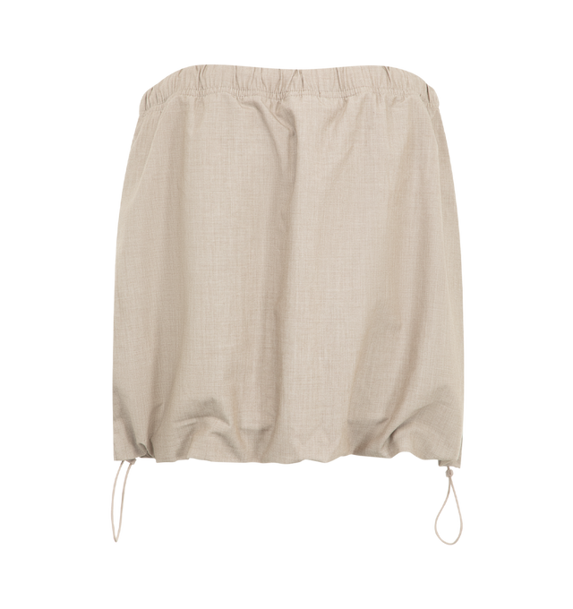 Image 2 of 3 - NEUTRAL - The Fear Of God Essentials Women's Micro Skirt is crafted from a silk stretch blend for elevated comfort. This mini silhouette features an encased elastic waistband with bungee drawcords and adjustable toggles at the waist and hem. Materials: 69% Polyester, 19% Silk, 8% Wool, 4% Spandex. 