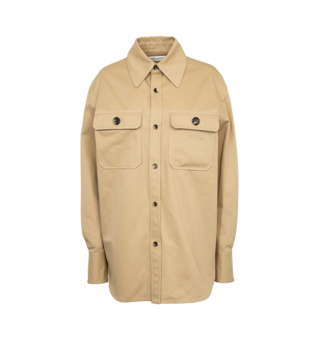 Image 1 of 4 - BROWN - SAINT LAURENT Saharienne Shirt featuring pointed collar, flap pockets, drop shoulders, front button closure and curved hem. 100% cotton.  
