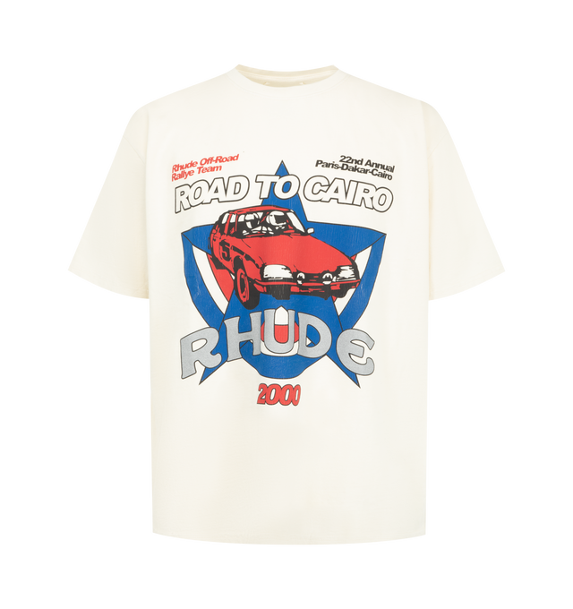 Image 1 of 2 - MULTI - Rhude Mens Road To Cairo T-Shirt is crafted from a cotton jersey. Features a crew neck, short sleeves, custom fit, and graphics printed on the front chest. Main Material: 100% Cotton. Made in the USA. 