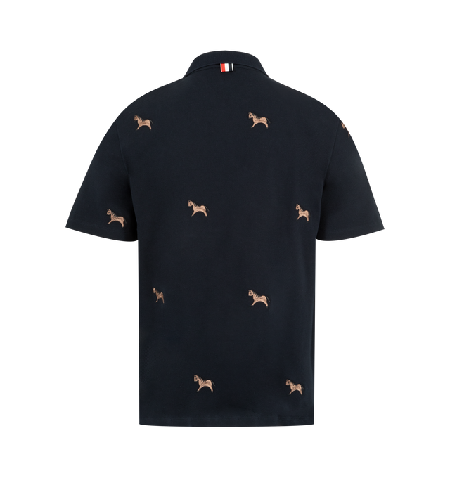 Image 2 of 3 - NAVY - THOM BROWNE Lunar New Year Pique Horse Embroidery Polo featuring partial front button closure, ribbed collar, buttoned side vents with RWB grosgrain trim, stepped hem, allover horse embroidery, name tag appliqu and signature striped grosgrain loop tab. 100% cotton. Made in Italy. 