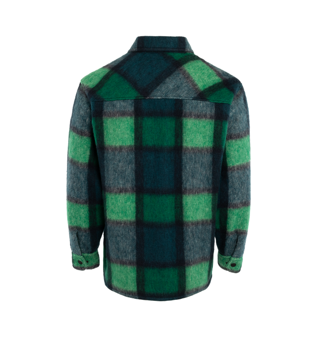 Image 2 of 3 - GREEN - MONCLER GRENOBLE WAIER SHIRT JACKET has a maxi-plaid print, point collar, snap placket, chest flap pockets, side snap pockets, logo patch on the left arm, single-button cuffs, yoked back shoulders and shirt tail hem.  