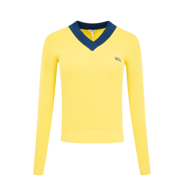 Image 1 of 2 - YELLOW - Loewe Womens Textured Cotton and Wool Sweater is crafted from lightweight textured cotton and wool. Features a regular fit, regular length, V-neck, contrast ribbed collar, and Double L embroidery at the chest. Main Material: Cotton / Wool. Made in Italy. 