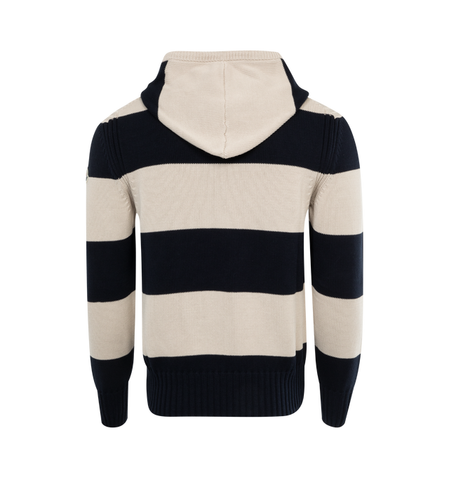 Image 2 of 2 - NEUTRAL - MONCLER Knit Hoodie featuring stripe pattern, hood with drawstring, ribbed hem and cuffs and logo on sleeve.  