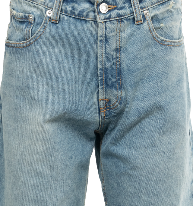 Image 3 of 3 - BLUE - ARMARIUM Luke Jeans featuring wide leg, five pockets, distressed cuffs, belt loops and button zip closure. 100% cotton.  