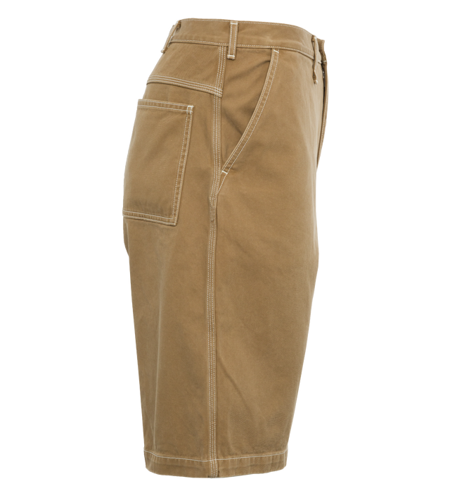 Image 3 of 4 - BROWN - HUMAN MADE Baggy Shorts featuring relaxed fit, 2 side pockets, patch back pockets, button zip closure, contrast seams and woven brand patch. 