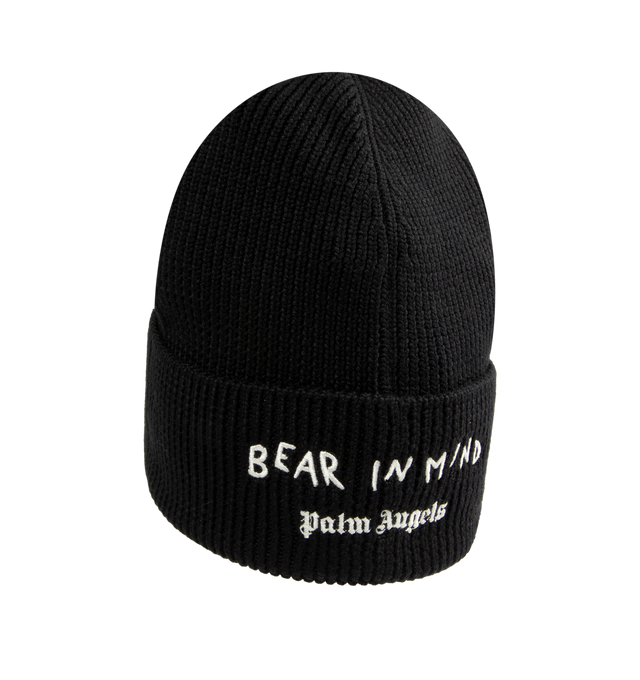 Image 2 of 2 - BLACK - PALM ANGELS Bear In Mind Wool Beanie featuring ribbed beanie with teddy bear patch on front and logo on back. 100% wool. 100% polyester. 