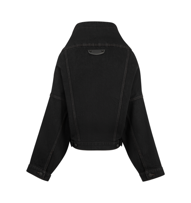 Image 2 of 2 - BLACK - Balenciaga Women's Denim Wrap Jacket is crafted from vintage black organic Japanese denim that's designed with voluminous deconstructed shoulders, a wrap-style silhouette, a five-button front closure, two front flat pockets, and button cuffs. The jacket also features engraved buttons and a tone-on-tone leather tab with City studs at the back. Main Material: 100% Organic Japanese Cotton Denim. Leather Trim. Made in Japan. 