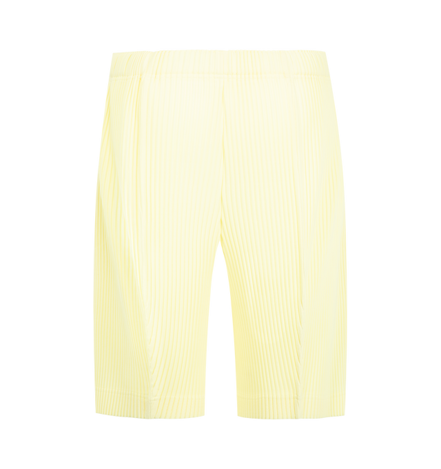 Image 2 of 3 - YELLOW - Issey Miyake Men's August Pleated Shorts feature signature pleated polyester jersey with quick-drying properties, side pockets, and an elasticated waistband with a button-fly closure. These designer shorts combine lightweight performance with the brand's iconic pleated construction for everyday comfort and modern style. Main Material: 100% Polyester. 