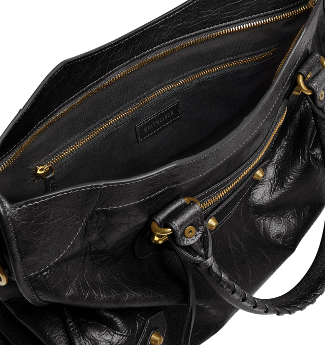 Image 4 of 4 - BLACK - BALENCIAGA Le City Bag Medium featuring arena lambskin, two leather hand-braided handles, adjustable and removable shoulder strap, aged-gold hardware, zipped closure with knotted leather puller, front zipped pocket with knotted leather puller, 1 inner zipped pocket and cotton canvas lining. 15.1" x 9.4" x 5.9". Lambskin. Made in Italy.  