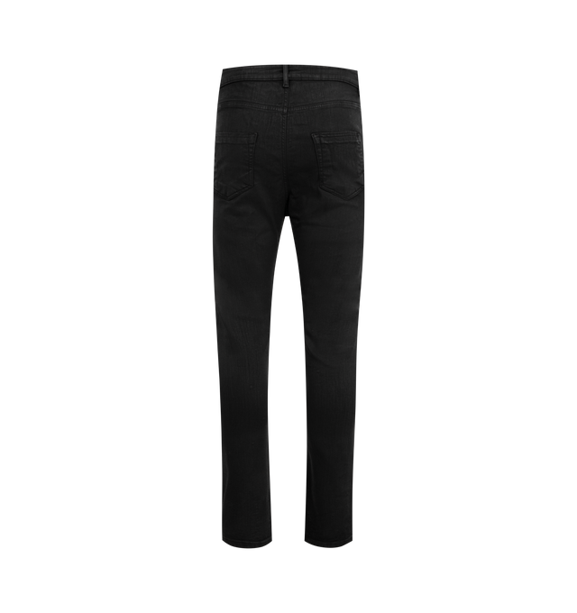 Image 2 of 2 - BLACK - RICK OWENS DRKSHDW FW24 Porterville Detroit Cut pants in black wax stretch denim. Slim fit, low rise, 5-pocket with button fly and waistband with belt loops and pocket rivets and rear patch pockets with top-stitching. Crafted from lightweight stretch denim overdyed and sprayed with  a soft black wax finish. 91% COTTON + 6% ELASTOMULTIESTER + 3% RUBBER, POCKET LINING 100% COTTON. 