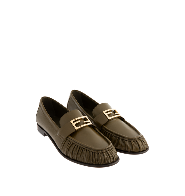 Image 2 of 4 - GREEN - FENDI Leather Loafers featuring rounded toe, FF Baguette accessory on the vamp, gathered apron, flexible wrap-around construction and leather sole with non-slip rubber insert. 100% lambskin. Made in Italy. 