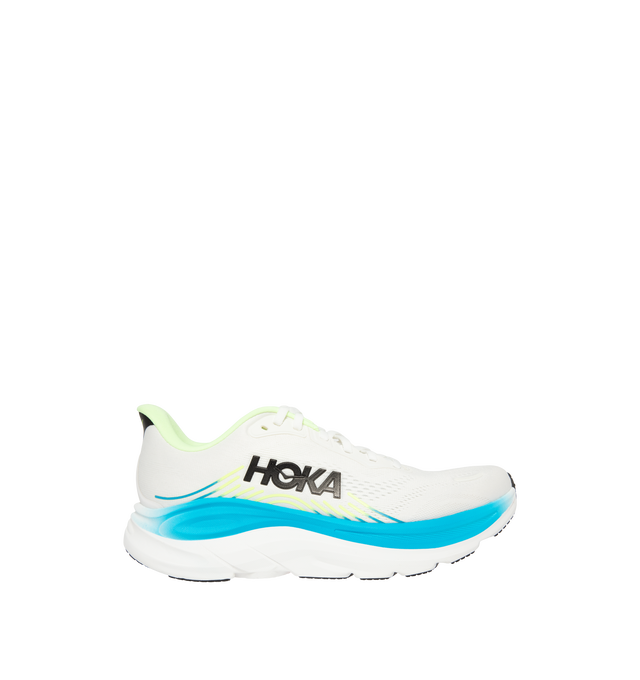 Image 1 of 5 - WHITE - Hoka Mens Clifton 11 Running Shoes feature an engineered mesh upper with reflective details and 3D-printed overlays. Designed with a CMEVA midsole, Rearfoot-Focused Active Foot Frame, MetaRocker geometry, open-cell sockliner, double-lace lock system, and Durabrasion rubber outsole for lightweight cushioning, stability, and everyday road running. Upper: Engineered Mesh; Midsole: CMEVA; Outsole: Durabrasion Rubber. Imported. 