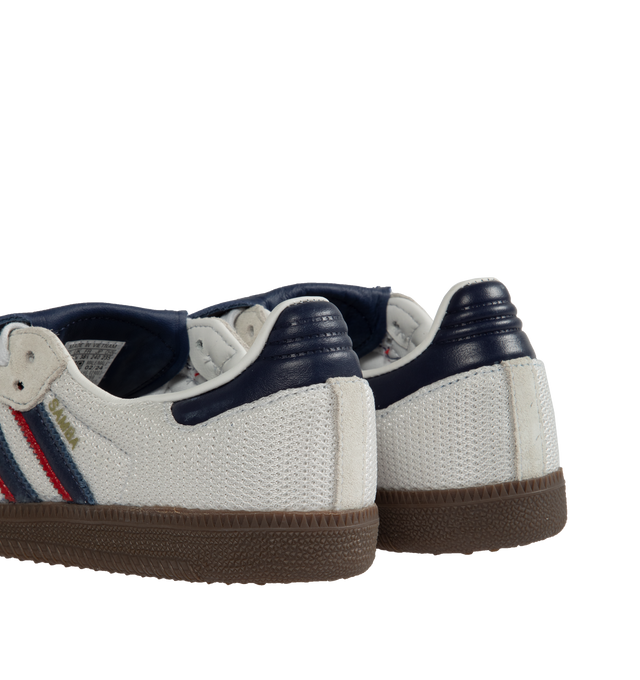 Image 3 of 5 - WHITE - Adidas Samba LT lace-up sneakers in crystal white, dark blue and red. Crafted with premium leather and textile upper combining mesh quarters, suede overlays, and signature leather stripes with a fold-over tongue and durable rubber outsole. 