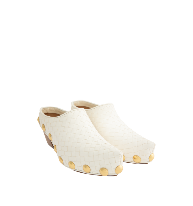 Image 2 of 4 - WHITE - BOTTEGA VENETA Gondola Clog featuring mule clog in shiny Intrecciato calf leather with metal stud detailing and a beech wood platform. Lambskin. Lining: calfskin. Made in Italy. 