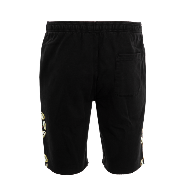 Image 2 of 3 - BLACK - Barriers Worldwide Sugar Hill Sweat Shorts have an elastic drawstring waist, side pockets, and printed graphic artwork. 100% cotton.  