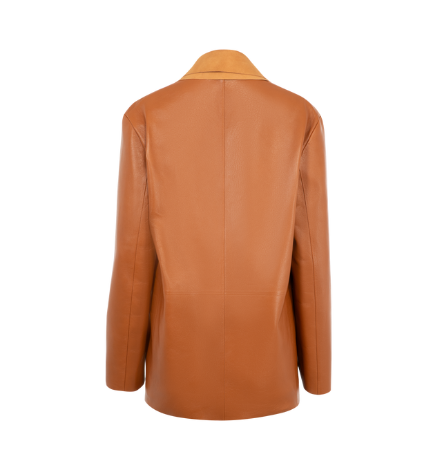 Image 3 of 4 - BROWN - The Row Lysandre single-breasted jacket in sleek lambskin leather with reversed layered collar, notched lapel, raw edge construction, and removable lining. Featuring interior buttoned welt pocket, two horn button closure. 100% Lambskin Leather, Unlined. Made in Italy. 