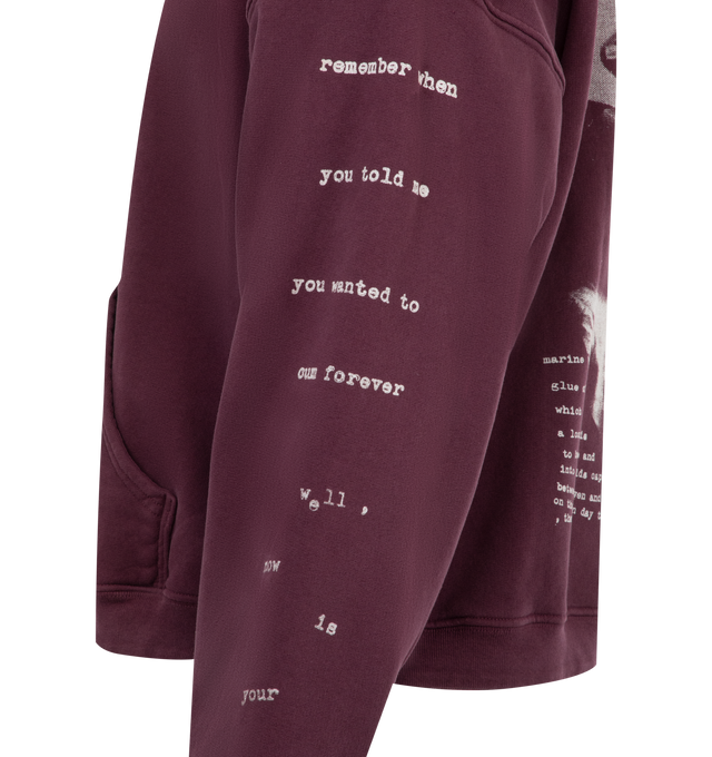 Image 4 of 4 - RED - ENFANTS RICHES DEPRIMES Remember When Hoodie featuring a long-sleeve pullover crafted from heavyweight brushed French terry, a boxy, drop-shoulder fit with a double-layer hood, rib knit cuffs and waistband, and printed artwork at the front, back, and sleeves. 100% cotton.  