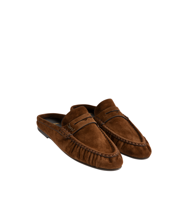 Image 2 of 4 - BROWN - SAINT LAURENT Le Loafer Moc featuring supple loafer mules decorated with the cassandre, a hand-stitched moc toe and leather sole. Calfskin. Made in Italy. 