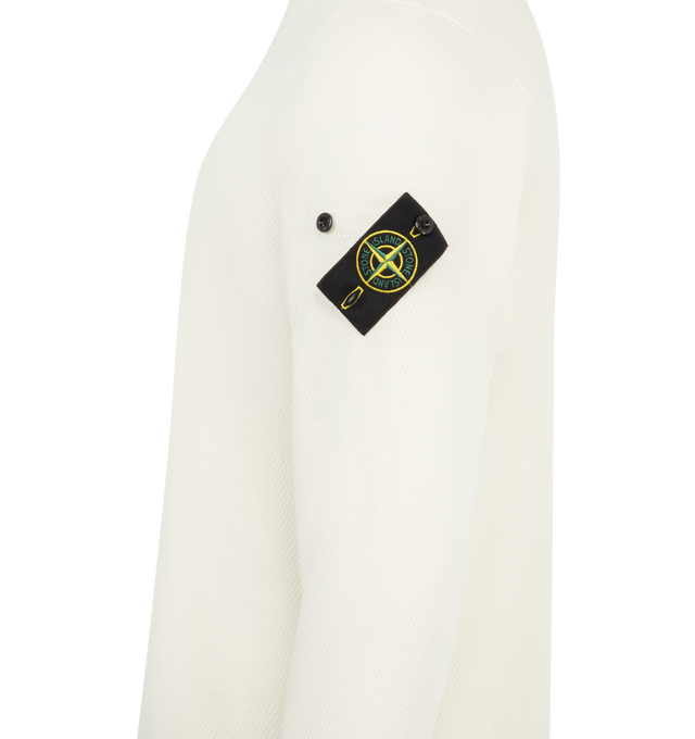 Image 3 of 3 - WHITE - featuring elasticated ribbed trim at neckline, cuffs, and hem, elasticated ribbed insert under armholes, Stone Island badge on left sleeve and regular fit. 100% cotton. 