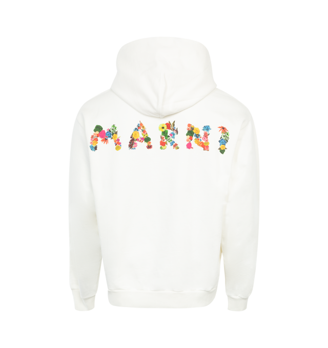 Image 2 of 3 - WHITE - MARNI Logo Hoodie featuring oversized fit, fixed hood, ribbed trims, Marni floral logo on the back, and a small version on the chest. 100% cotton. Made in Italy. 