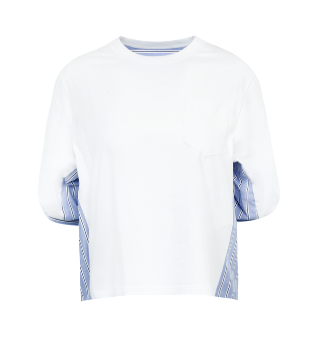 WHITE - SACAI Cotton Poplin x Cotton Jersey T-Shirt featuring double front, back effect, single chest patch pocket, elbow length sleeves and cropped length. 100% cotton.
