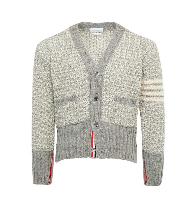 GREY - THOM BROWNE Mohair Tweed 4-Bar Cardigan featuring V-neckline, front button closure, striped grosgrain placket, 4-bar detailing, front patch pockets, buttoned cuffs with signature striped grosgrain trim and signature striped grosgrain loop tab. 70% wool, 30% mohair.