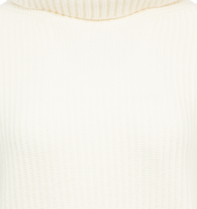 Image 3 of 3 - WHITE - MONCLER Rib Turtleneck Sweater featuring long sleeves, chunky knit, turtleneck and logo on sleeve. 