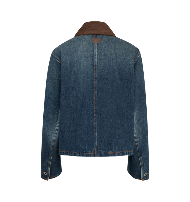 Image 2 of 3 - BLUE - Loewe Women's Denim Parka is crafted from medium-weight washed cotton denim and features a relaxed-fit silhouette, a short length, and a corduroy-effect suede collar. Designed with a concealed zip and snap-button front closure, an adjustable buckle tab at the placket, snap-button cuffs, gusset pockets, and an interior welt pocket, this fully lined style combines workwear-inspired utility with elevated craftsmanship. Main Material: Cotton Denim. Collar: Corduroy-Effect Suede. Fit: Relax 