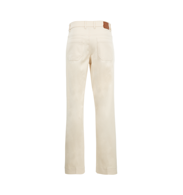 Image 2 of 3 - WHITE - MONCLER Straight Leg Pant featuring organic cotton stretch gabardine, zipper and button closure, side and back pockets and synthetic material logo patch. 98% cotton, 2% elastane/spandex. Made in Romania. 