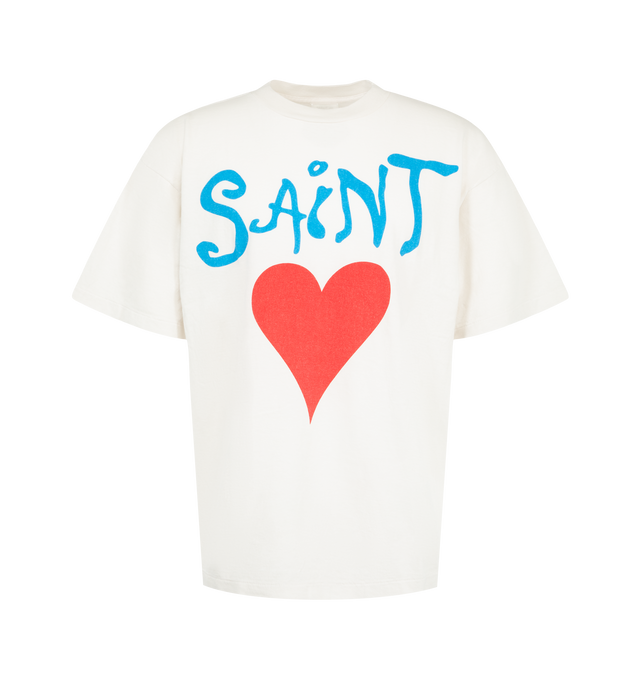Image 1 of 2 - WHITE - Saint Michael Mens Graphic T-Shirt is crafted from cotton jersey. Features a relaxed fit, crew neckline, short sleeves, printed logo and heart graphic at the front, bold graphic artwork at the back, and a straight hem. Main Material: 100% Cotton. Made in the USA. 