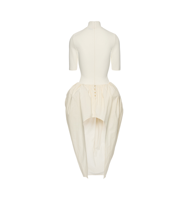 Image 2 of 2 - WHITE - MAGDA BUTRYM High-neck Puff Skirt Midi Dress featuring a form-fitting midi dress that combines a structured silhouette with dramatic volume, a sleek turtleneck, fitted 3/4 sleeves, contrasted by a voluminous skirt with a high slit at the back and a bodysuit base that fastens underneath the skirt. 100% cotton. 78% viscose, 16% polyamide, 6% elastane. 