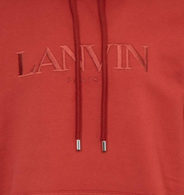 Image 3 of 3 - RED - LANVIN Logo Hoodie featuring tone-on-tone Lanvin Paris logo embroidered on the front, oversized fit, hood with drawstring and kangaroo pocket. 100% cotton. Made in Italy. 