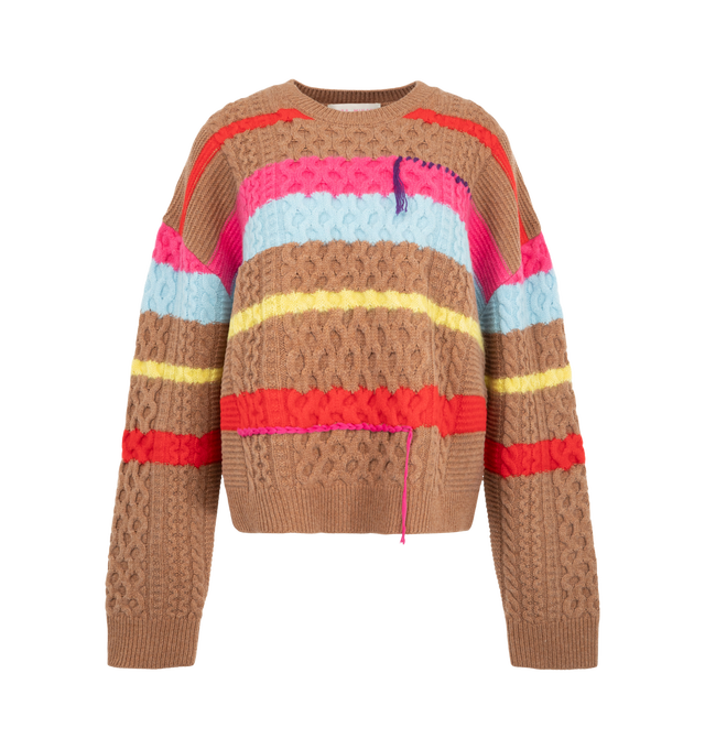Image 1 of 2 - BROWN - Mira Mikati Women's Stripe Chunky Cable Knit Jumper with Embroidery is crafted from a soft wool-blend chunky cable knit and features a relaxed silhouette with a classic crew neckline. Designed with vibrant multicolor stripes and playful embroidered details scattered throughout the body, this statement sweater is finished with rib-knit trims at the neck, cuffs, and hem for a cozy feel and effortless layering. Main Material: 55% Wool, 25% Nylon, 20% Cotton. Contrast: 50% Wool, 30% Nylon 