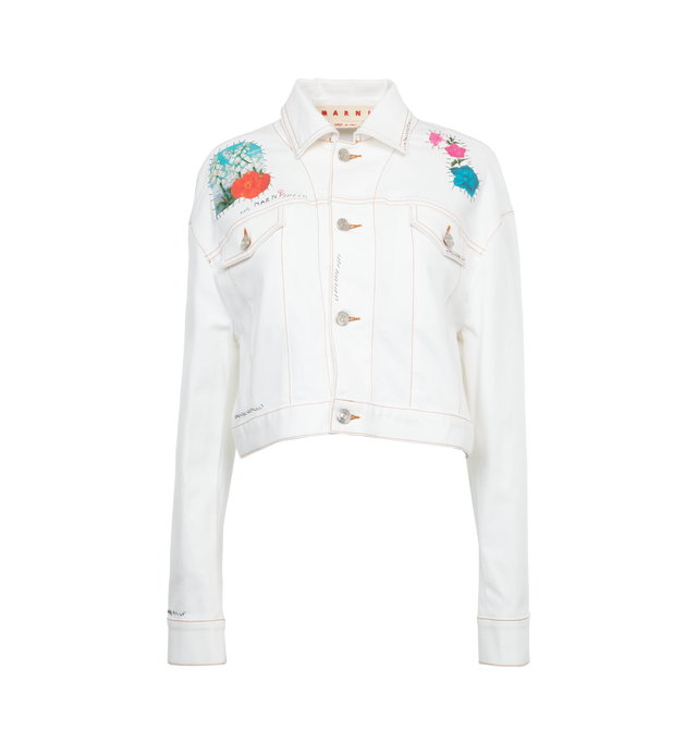 Image 1 of 3 - WHITE - MARNI Patches Denim Jacket featuring cropped fit, cotton denim, front button closure, 2 front pockets, embellished with printed flower cut-out patches, hand-embellished with Marni mending stitches on the edges and logo with flower detail on the chest. 98% cotton, 2% elastane/spandex. Made in Italy. 