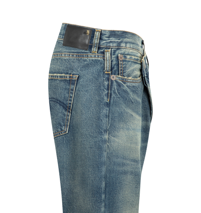 Image 3 of 3 - BLUE - R13 Women's Cuffed Crossover Jeans are crafted from premium rigid selvedge denim and feature the brand's signature asymmetric crossover waistband, a straight-leg silhouette, and rolled cuffed hems for a distinctive modern look. Designed with a classic five-pocket construction and premium craftsmanship, these designer jeans combine R13's iconic deconstructed aesthetic with timeless everyday versatility. Main Material: 100% Cotton. Made in Italy. 
