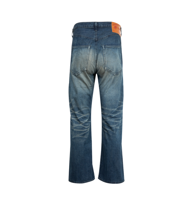 Image 2 of 3 - BLUE - FULLCOUNT Duke Denim 2 H.W featuring 11oz 19th A.M.Co. blue selvedge denim, 4 pockets, button closure and distressed throughout. 100% cotton.  