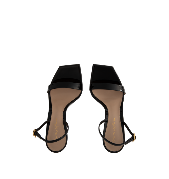 Image 4 of 4 - BLACK - GIANVITO ROSSI Ribbon Stiletto featuring adjustable slingback strap with gold-tone ribbon buckle closure, rubber tap heel and angled square toe. Patent leather upper with leather sole. 4 inch heel. 