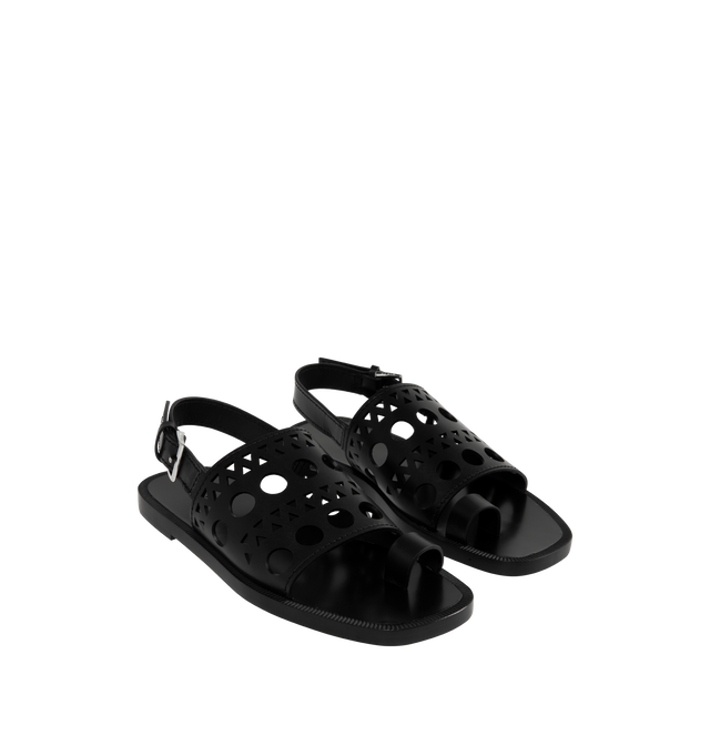 Image 2 of 4 - BLACK - Alaia Perforated Flat Sandals have rounded square toes, ankle straps with buckle closures, toe straps, leather soles, and perforated leather uppers. Made in Italy.  