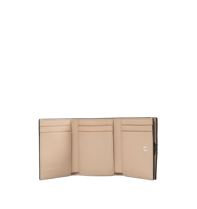 Image 3 of 4 - NEUTRAL - LOEWE Anagram Trifold Wallet featuring six card slots and one large pocket, coin compartment, anagram snap button closure and calfskin lining. 3.1 x 4 x 1.5 inches. Pebble grain calfskin. 