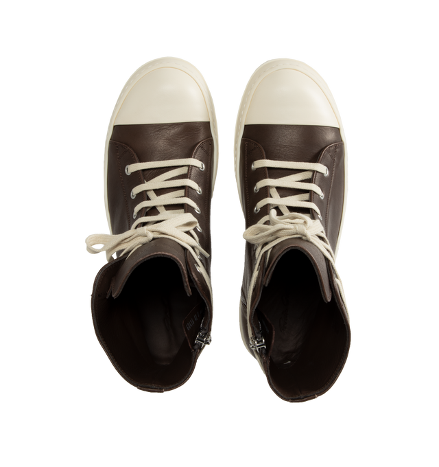 Image 5 of 5 - BROWN - Rick Owens High Sneakers featuring high-top buffed calfskin, calfskin cap toe, lace-up closure, zip closure at inner side, eyelets vents at inner side, buffed calfskin lining and treaded rubber sole. Calfskin. Sole: rubber. Made in Italy. 