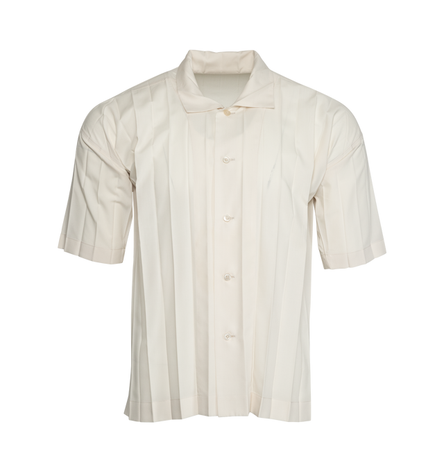 WHITE - ISSEY MIYAKE Edge Shirt has a spread collar, wide pleats, front button closure, and short sleeves. 100% polyester. 