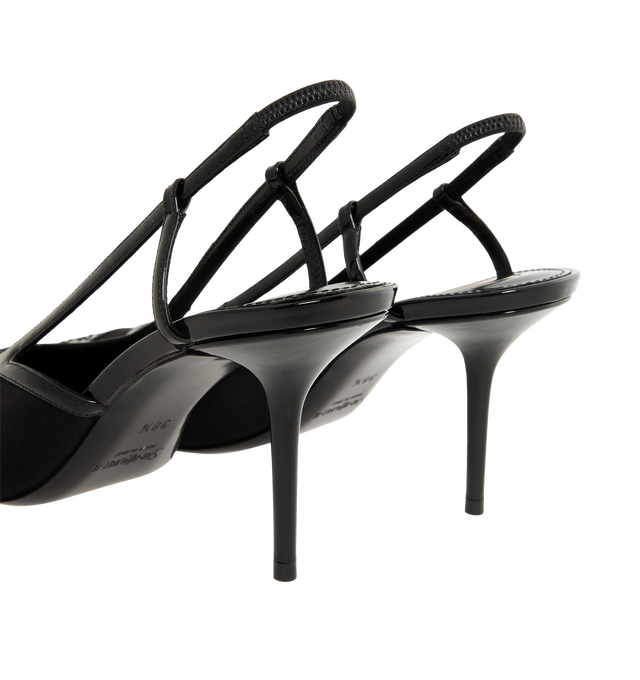 Image 3 of 4 - BLACK - Saint Laurent Women's Rene 75 Cassandre-Embroidered Satin Slingback Pumps are crafted from black satin with leather trim. The pointed-toe silhouette features tonal Cassandre embroidery, an elasticized slingback strap, and a slender stiletto heel. Upper: Satin and Leather. Sole: Leather. Heel Height: 75 mm / 3 in. Made in Italy. 