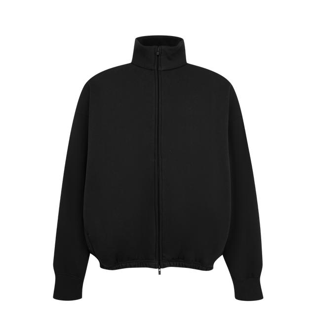 Image 1 of 2 - BLACK - Fear of God ESSENTIALS Men's Classic Track Jacket is crafted from heavyweight 380 GSM cotton-blend fleece and features a classic relaxed-fit silhouette with a full-zip front closure and high neckline. Designed with dual racing-inspired Essentials embossed suede fleece patches at the front shoulders and a bold FOG puff-print graphic across the back, this elevated track jacket is finished with side pockets, rib-knit cuffs, an elasticized hem, and a signature Essentials label at the back 