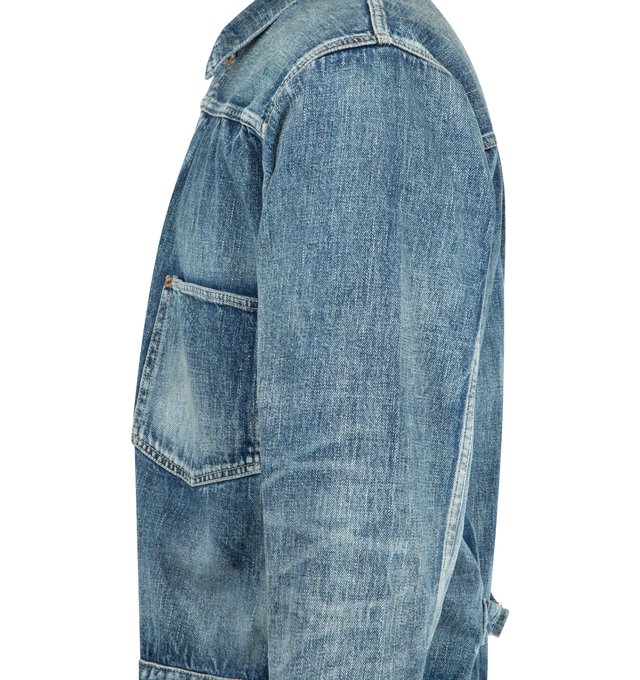Image 3 of 3 - BLUE - FULLCOUNT WWII Model 11.5oz Denim Jacket HW Master Of Reality featuring button front closure, buttoned cuffs, adjustable back tab, chest pocket, collar, relaxed fit and contrast stitching. 100% cotton.  