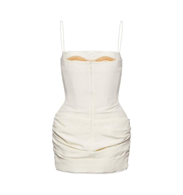Image 2 of 2 - WHITE - MAGDA BUTRYM Mini Corset Dress with lace neckline featuring mini-length fitted dress crafted from lightly crinkled silk, thin shoulder straps, a straight neckline trimmed with delicate lace, a built-in corset that is subtly visible through the lace panel at the front, the hips are enhanced with internal padding, fastens at the back with a concealed zipper and a slit for ease of movement and tge inner hem is detailed with a silk placket edged in fine lace. 100% silk. 