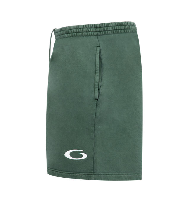 Image 3 of 3 - GREEN - BALENCIAGA Basketball Sweat Shorts featuring dry fleece, elasticated waistband, 2 slash pockets, knee length and Loop Sports Icon artwork embroidered at front. 100% cotton. Made in Portugal. 