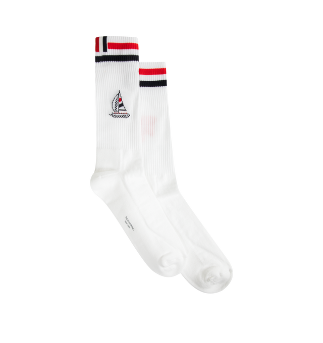 Image 1 of 2 - WHITE - THOM BROWNE RWB Funmix Athletic Socks featuring mid-calf length, RWB stripe, sailboat intarsia on one side and lobster intarsia on the other and signature striped grosgrain loop tab. 77% cotton, 22% polyamide, 1% elastane. Made in Italy. 