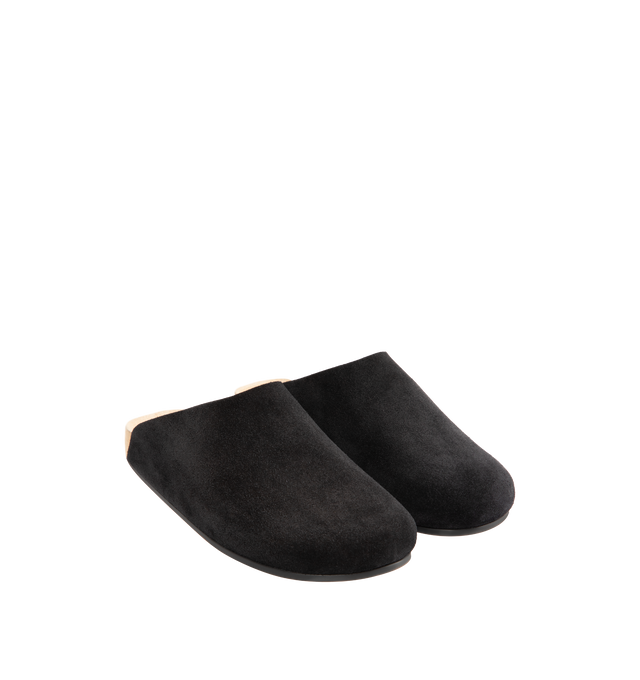 Image 2 of 4 - BLACK - THE ROW Hudson Two Slip On Mule featuring relaxed slip-on shoe in natural calfskin suede with round toe, contoured footbed, and durable rubber sole. 100% calfskin leather. Made in Italy. 