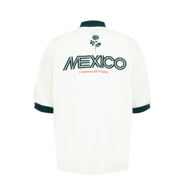 Image 2 of 2 - WHITE - Adidas Mens Knit Cotton Piqu Jersey is crafted from cotton piqu. Features a ribbed V-neck collar and sleeve cuffs, applied 3-Stripes along the sleeves, and embroidered logos and artwork on the front and back. Main Material: Cotton Piqu. Imported. Made in Indonesia. 